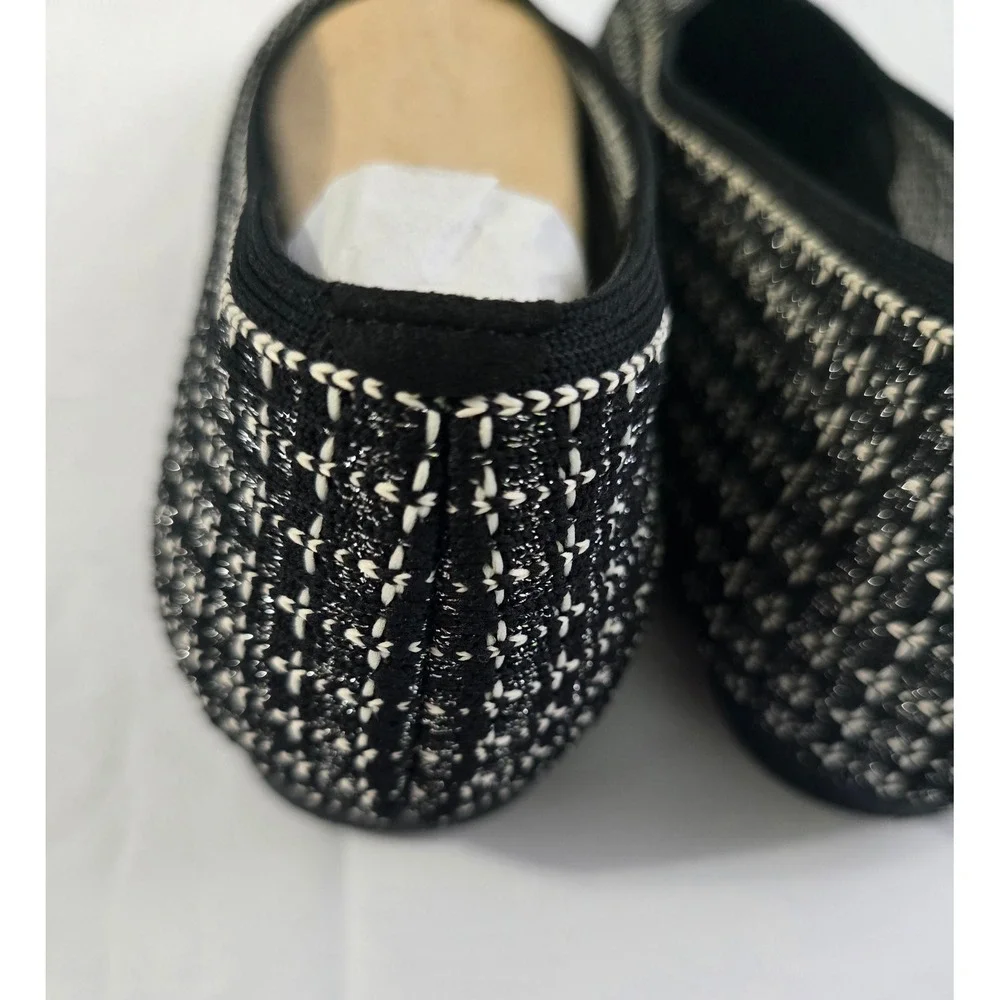 Vivaia Margot Square Toe V-Cut Tweed Knit Flats Black White EU 43W USA 11.5Wide
